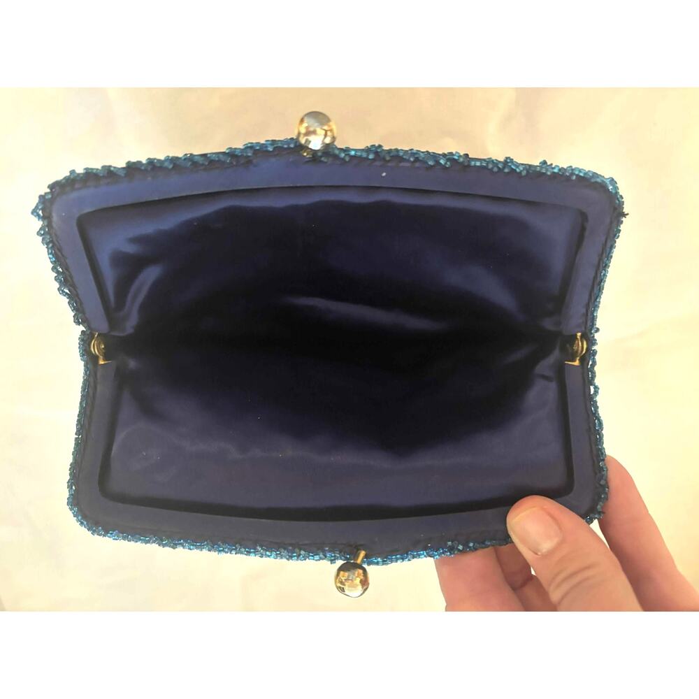 Vintage 1960's Blue Beaded SWEATERS Satin Handbag Purse Gold Clasp Fold Over EUC - Picture 4 of 4